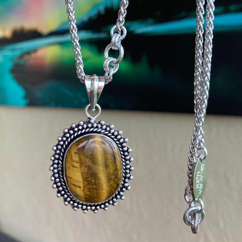 925 Sterling silver overlay golden brown tiger eye gemstone steel boho necklace - Picture 9 of 13